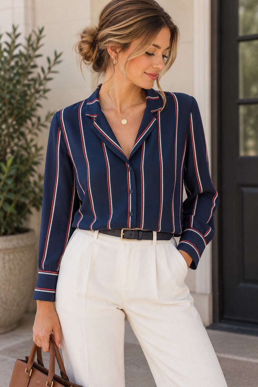 Ann Taylor Navy Red Striped Button Down Blouse Medium Nautical Preppy